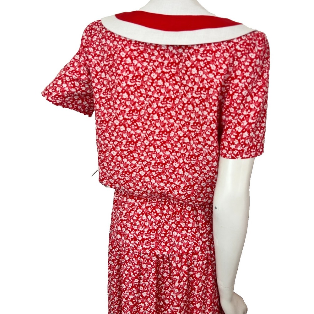 Vintage Patty ONeil Cottagecore Midi Dress M Red Floral Bow Peter Pan Collar EUC - Picture 12 of 14